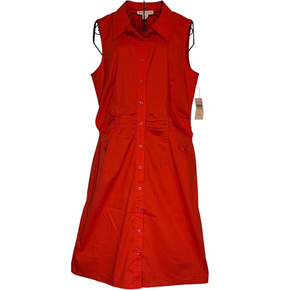 Coldwater Creek Shirt Dress 10 Red Orange Ruched Waist Sleeveless Button Front